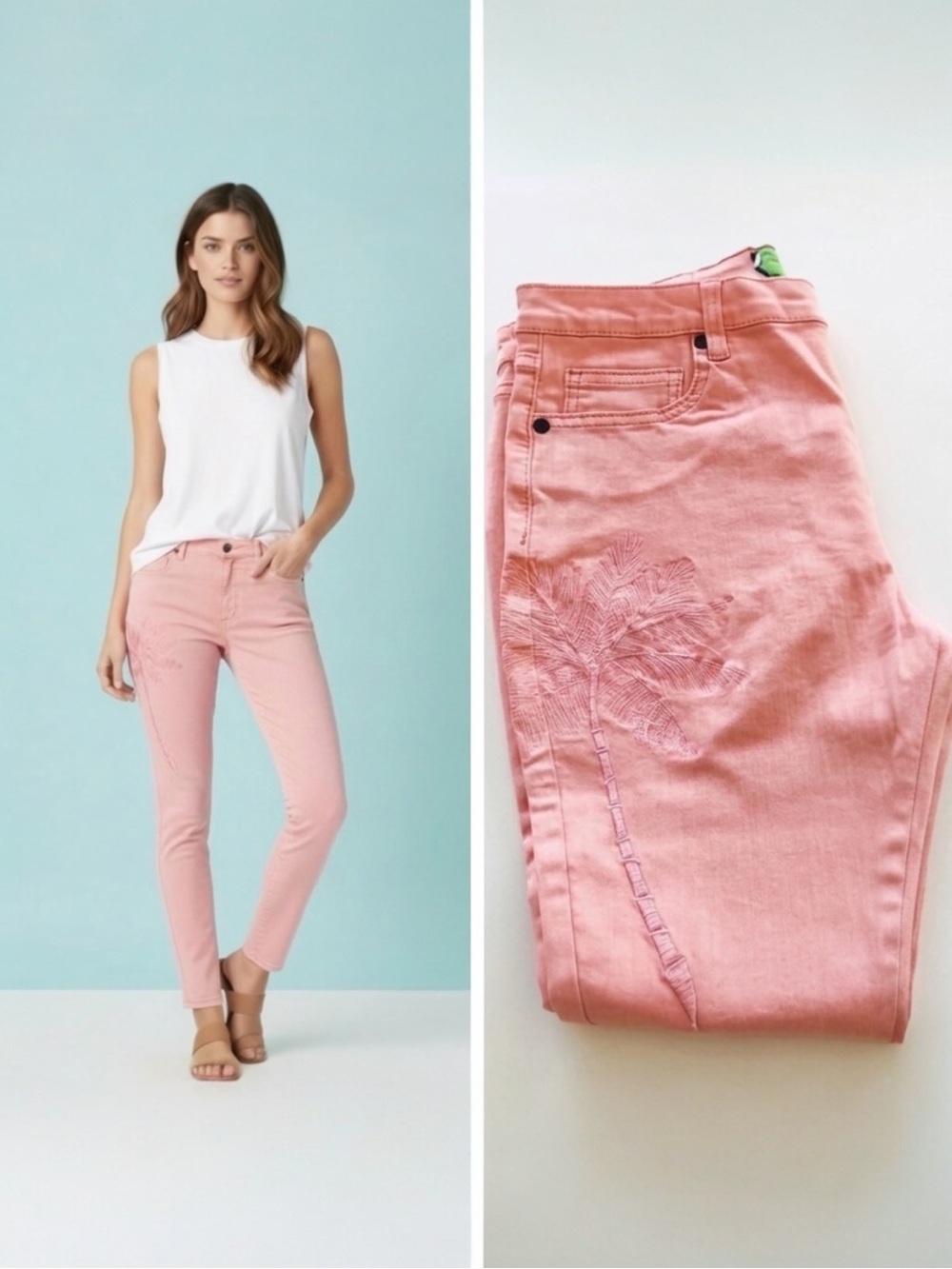 Sandrine Rose x Free People Pink Palm Tree Embroidered Skinny Jeans 31 NWT